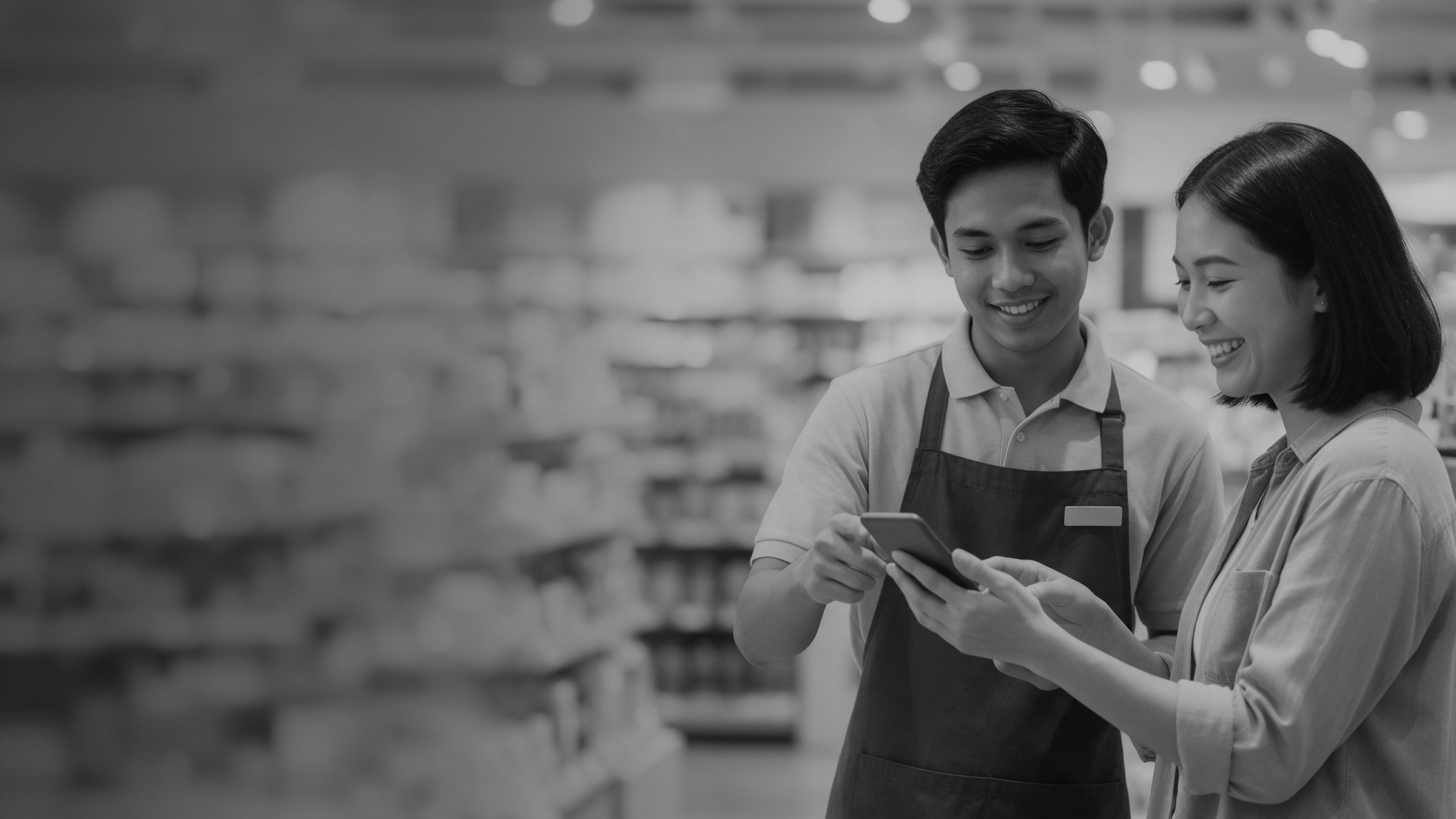A shopper with a phone and shopping bag talking to a store associate