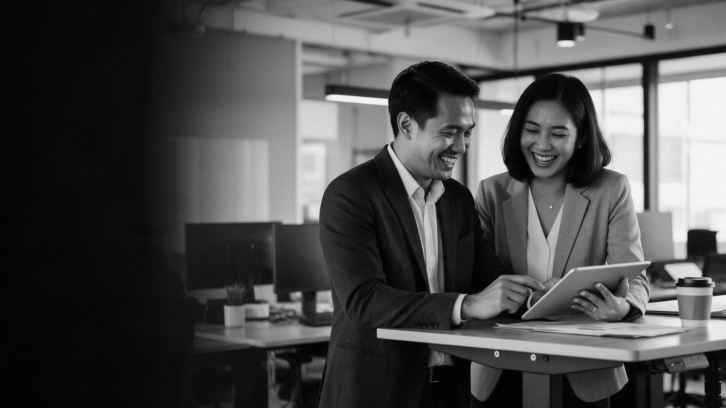 Two colleagues discussing a tablet at a standing desk