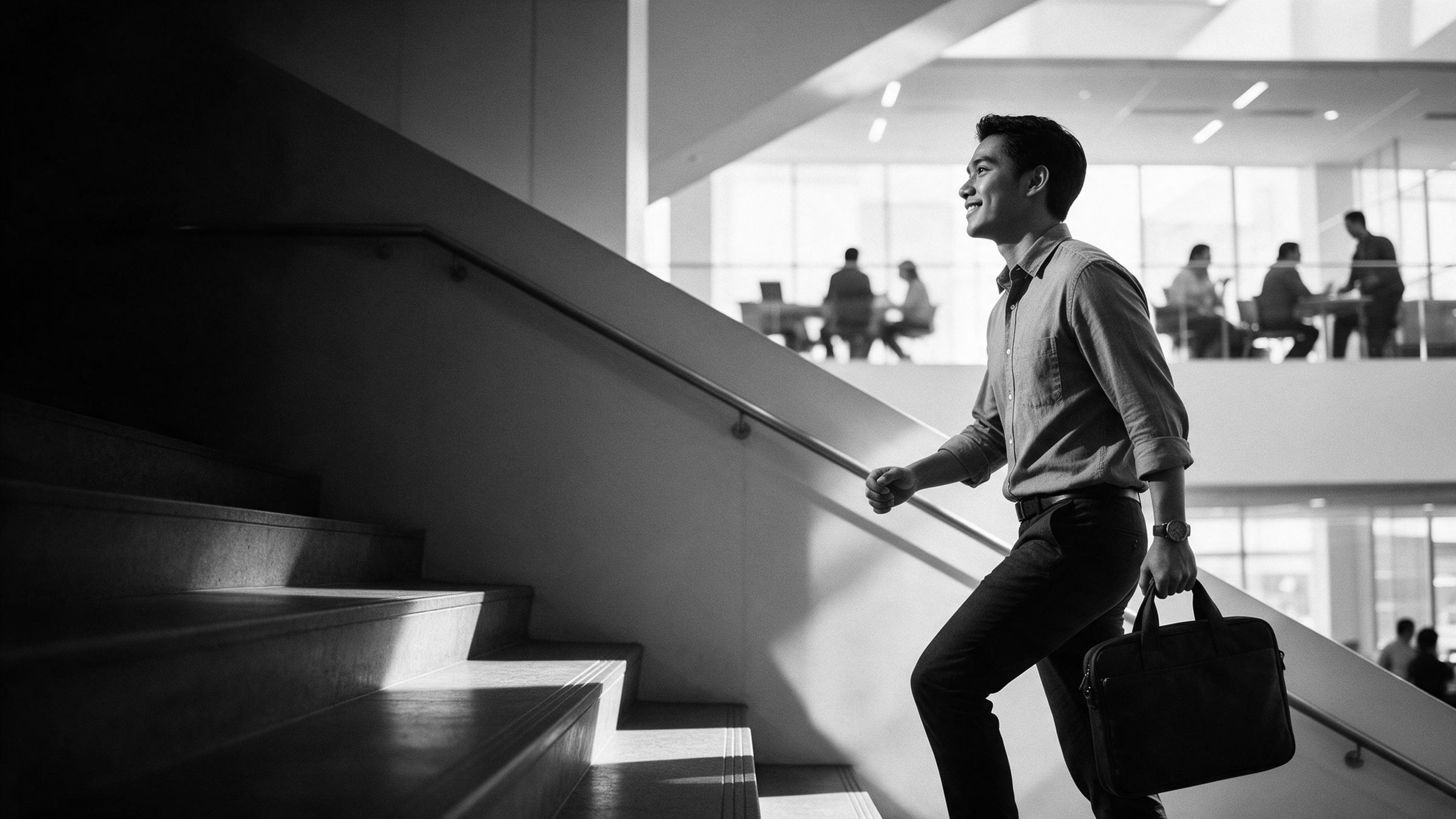 A professional walking up the stairs of a bright office atrium