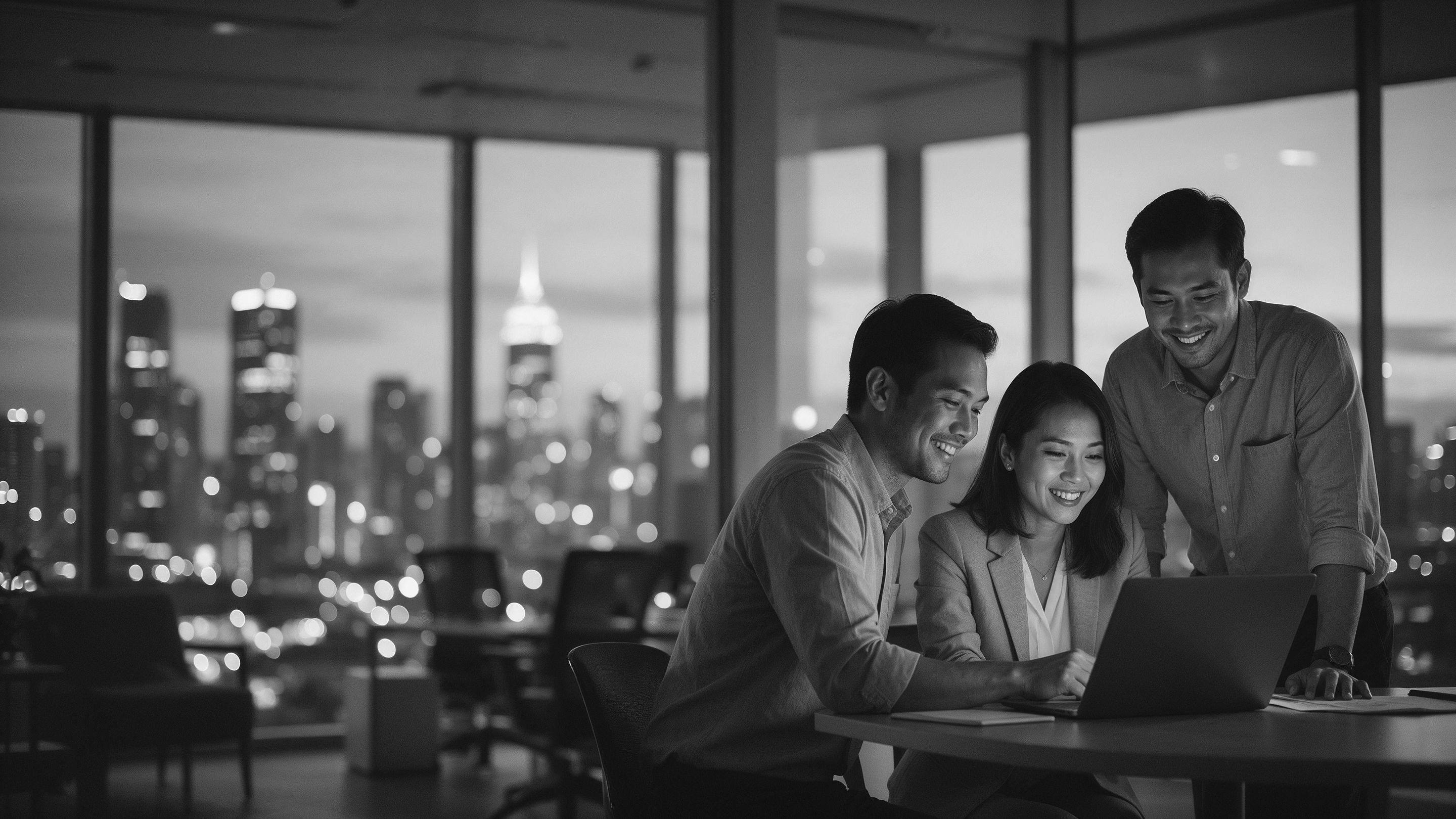 Three colleagues smiling at a laptop in an office above the city at dusk