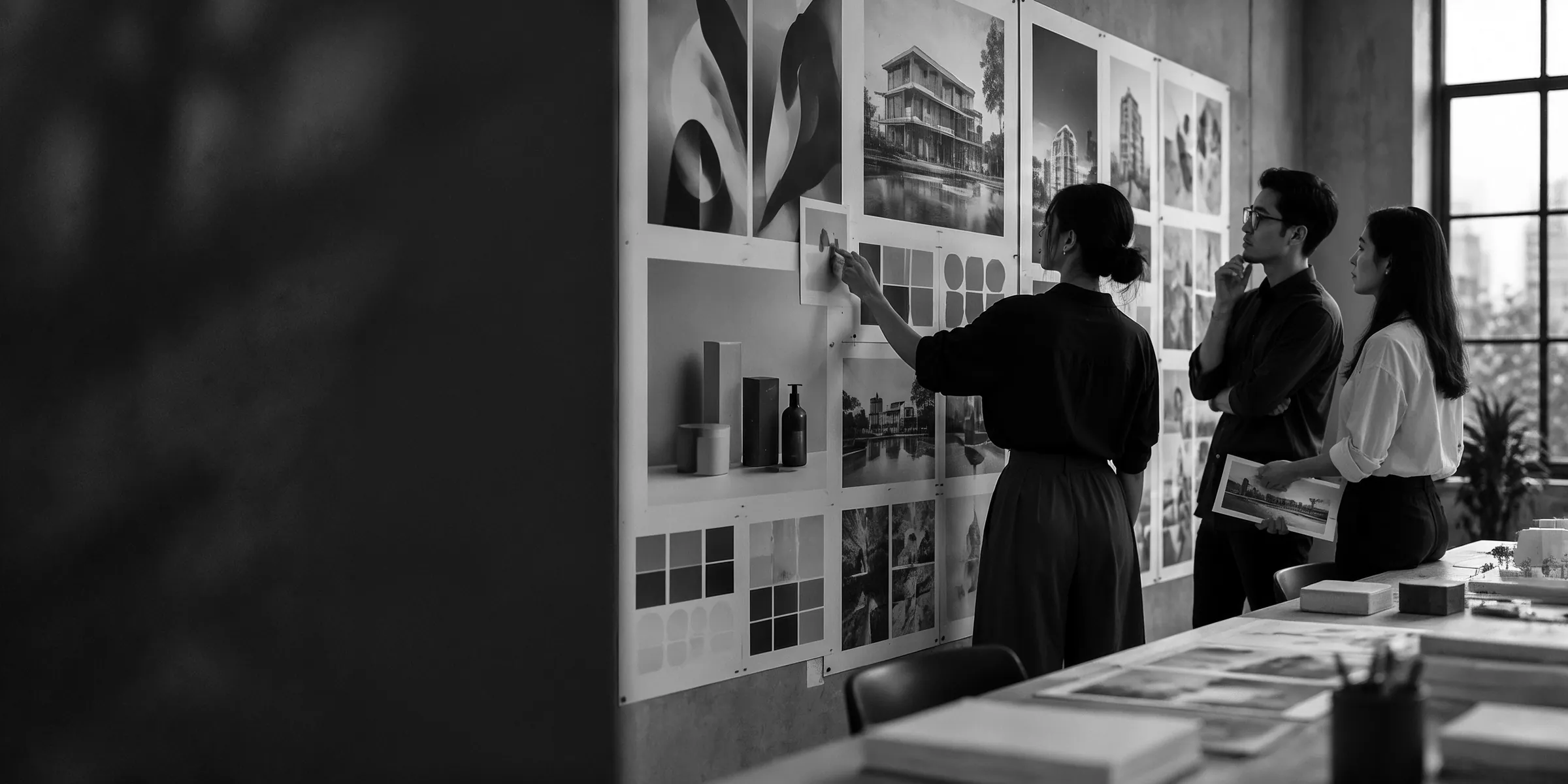 A creative team reviewing brand, property and packaging work pinned on a studio wall